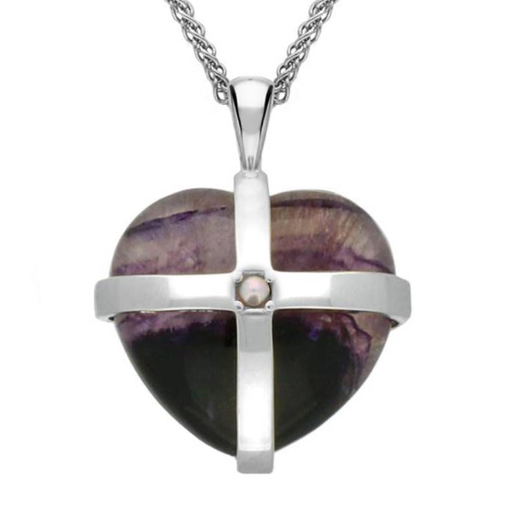 Sterling Silver Blue John One Pearl Large Cross Heart Necklace - Option1 Value Silver