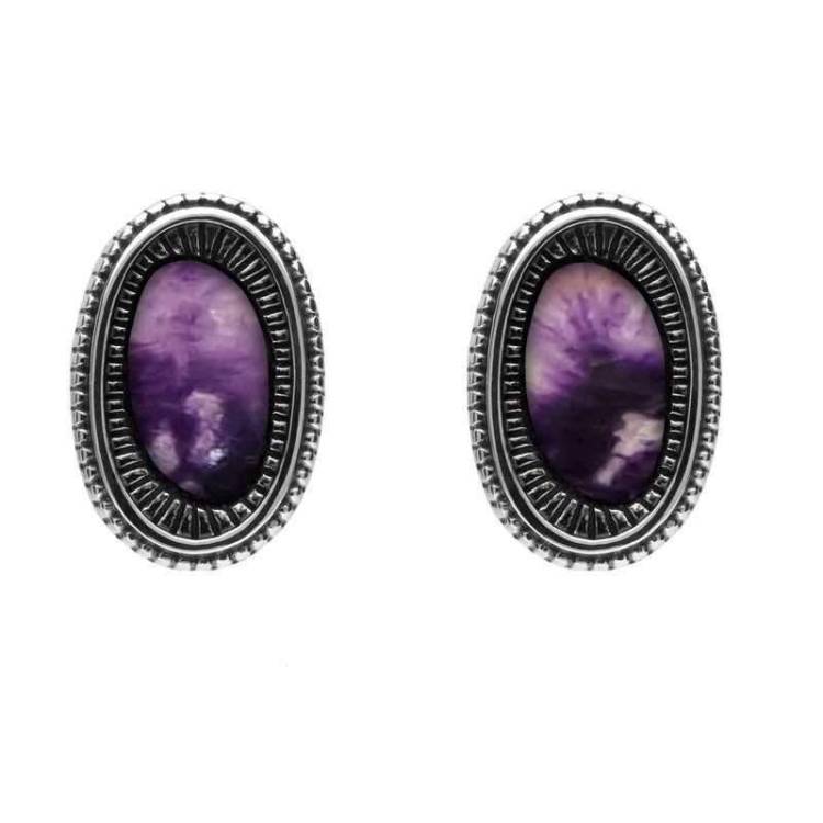 Sterling Silver Blue John Ridged Oval Stud Earrings - Option1 Value Silver