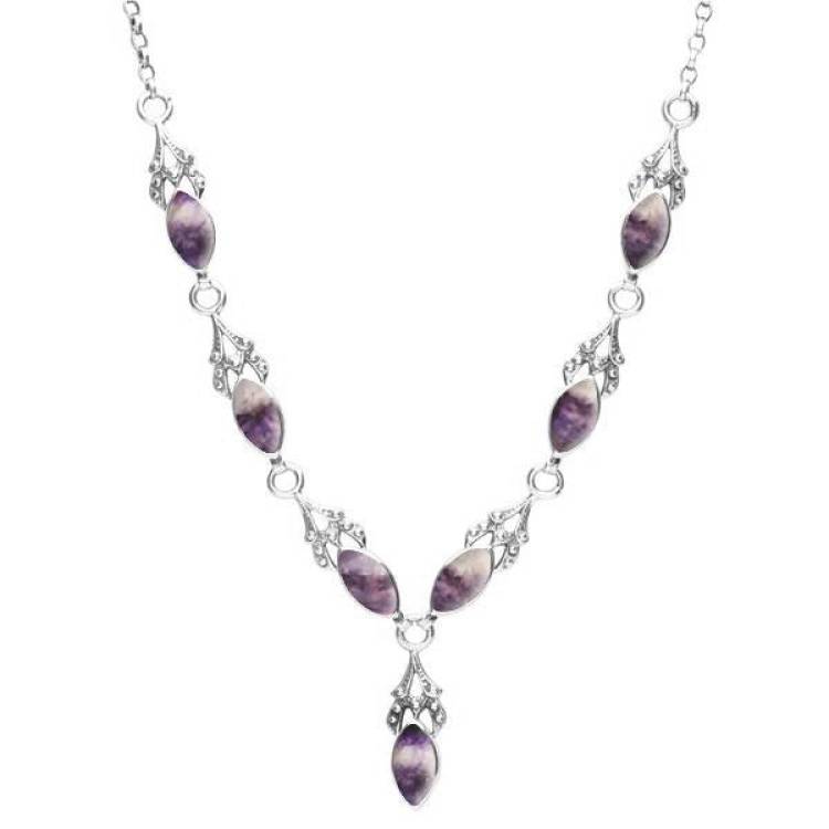 Sterling Silver Blue John Seven Stone Marquise Necklace - Silver