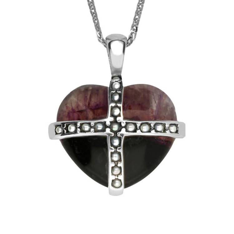 Sterling Silver Blue John Seventeen Pearl Small Cross Heart Necklace - Gold