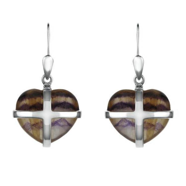 Sterling Silver Blue John Small Cross Heart Drop Earrings - Silver