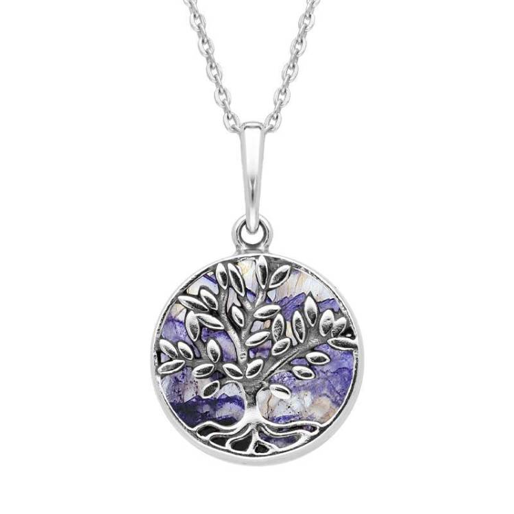Sterling Silver Blue John Small Round Large Leaves Tree of Life Necklace