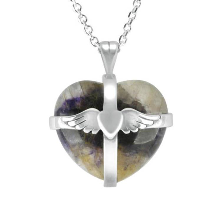 Sterling Silver Blue John Small Winged Cross Heart Necklace - Silver