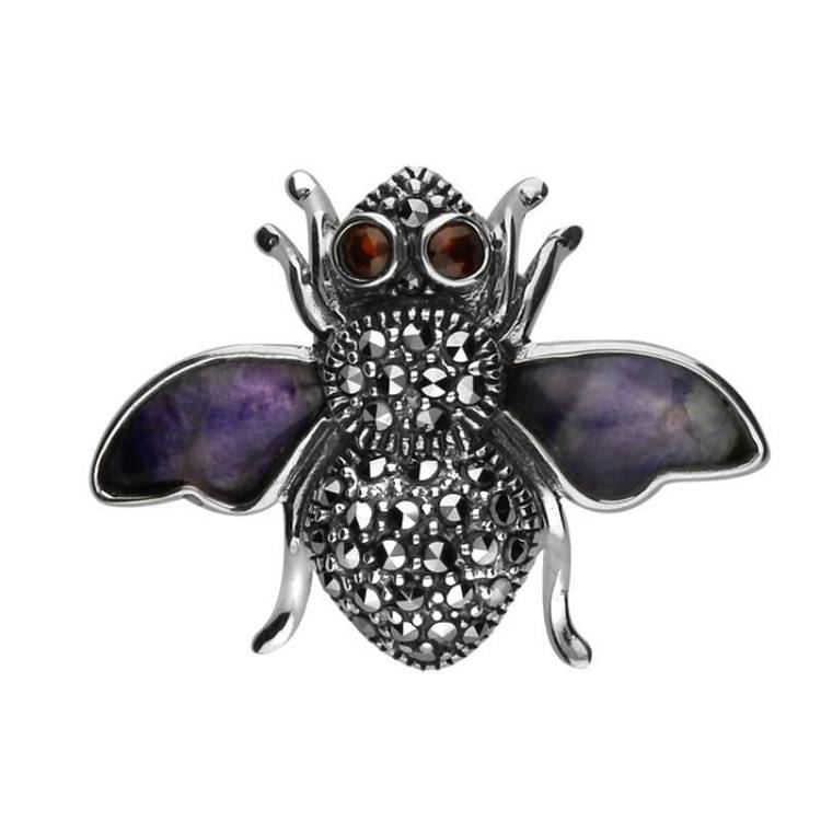 Sterling Silver Blue John Wings Marcasite Garnet House Style Bee Brooch - Silver