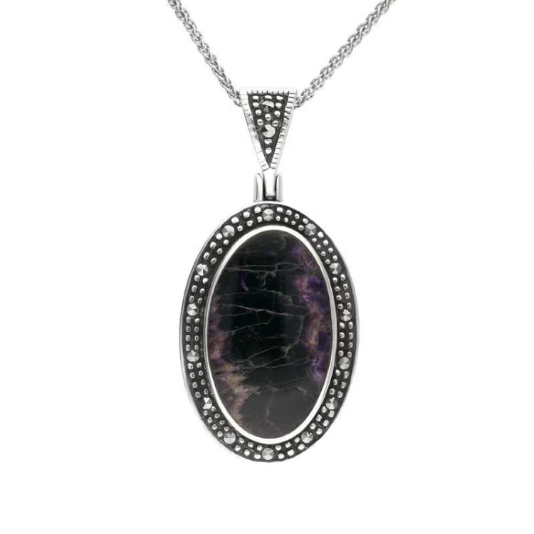 Sterling Silver Blue John and Marcasite Framed Oval Necklace - Silver