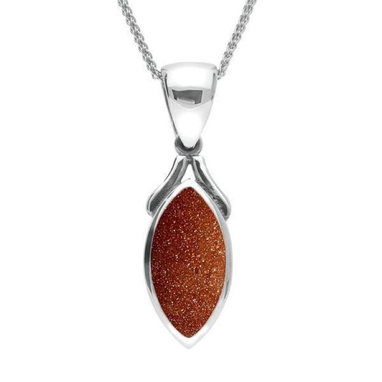 Sterling Silver Brown Goldstone Marquise Necklace - Silver