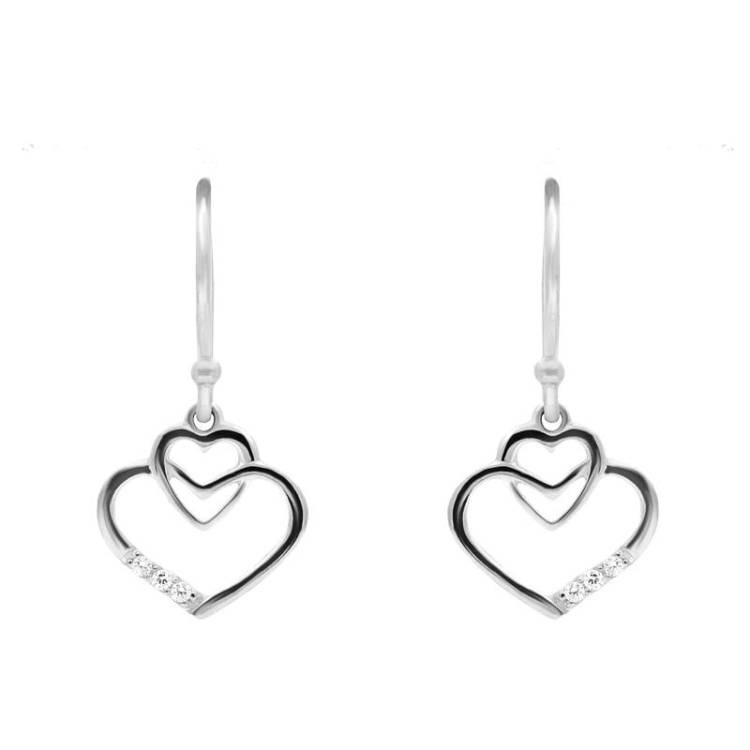 Sterling Silver Cubic Zirconia Double Heart Drop Earrings - Silver
