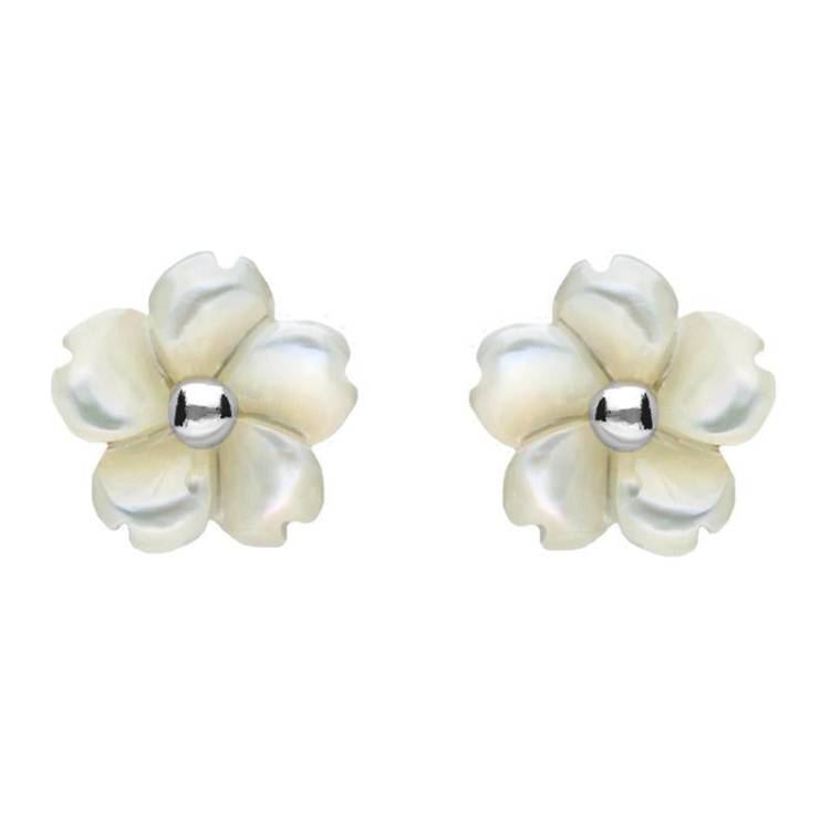 Sterling Silver White Mother of Pearl Tuberose 8mm Gypsophila Stud Earrings - Silver