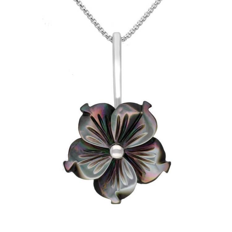 Sterling Silver Dark Mother of Pearl Tuberose 20mm Carnation Necklace - Silver