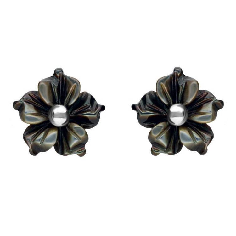 Sterling Silver Dark Mother of Pearl Tuberose 8mm Carnation Stud Earrings - Silver