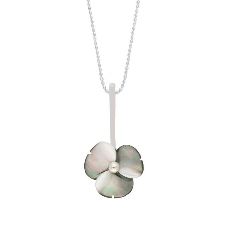 Sterling Silver Dark Mother of Pearl Tuberose 15mm Clover Necklace - Silver