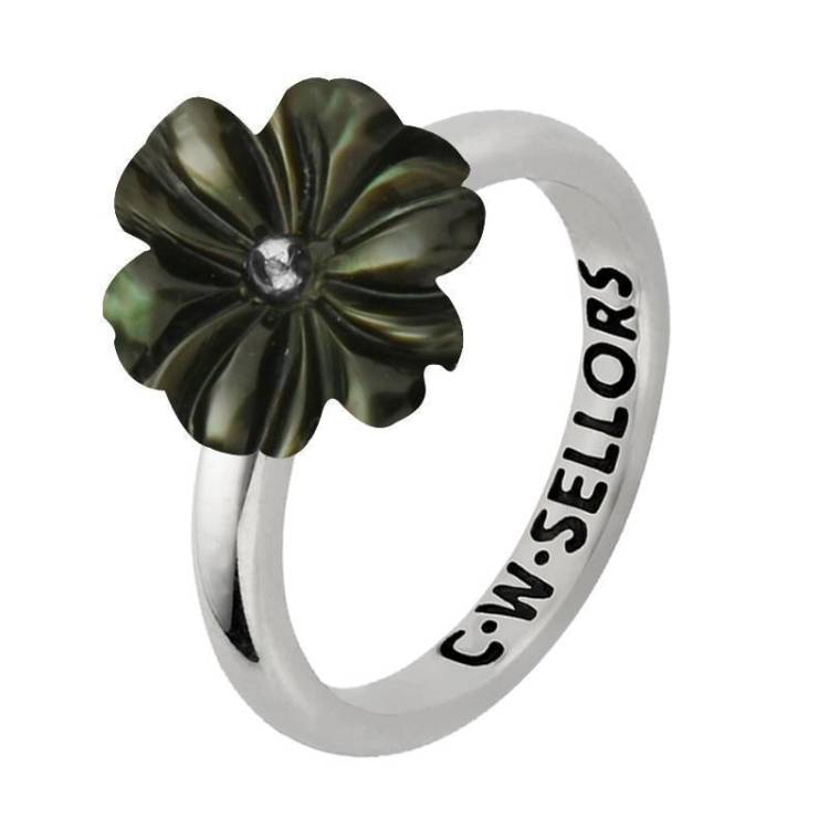 Sterling Silver Dark Mother of Pearl Tuberose 12mm Dahlia Ring - Silver