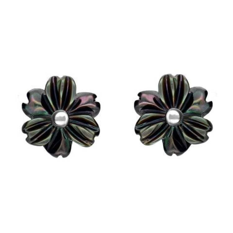 Sterling Silver Dark Mother of Pearl Tuberose 8mm Dahlia Stud Earrings - Silver