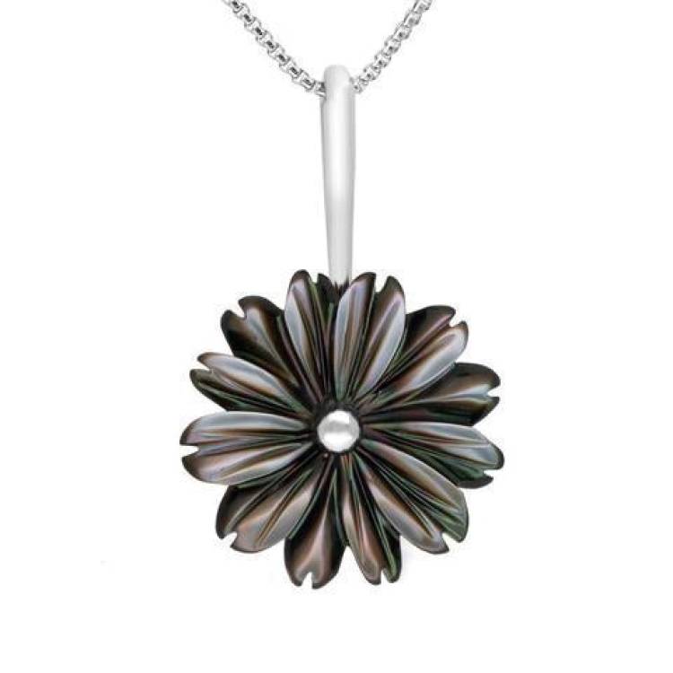 Sterling Silver Dark Mother of Pearl Tuberose 20mm Daisy Necklace - Silver