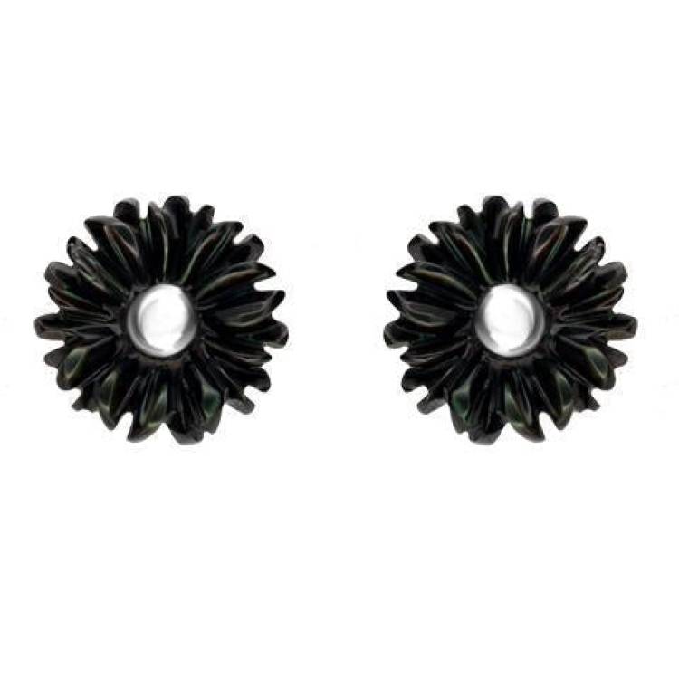 Sterling Silver Dark Mother of Pearl Tuberose 6mm Daisy Stud Earrings - Silver