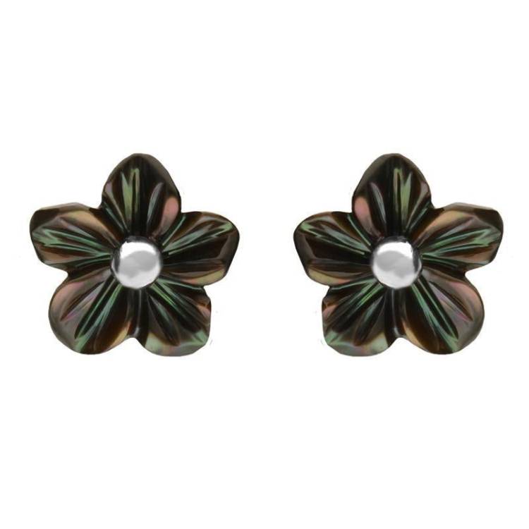 Sterling Silver Dark Mother of Pearl Tuberose 8mm Desert Rose Stud Earrings - Silver