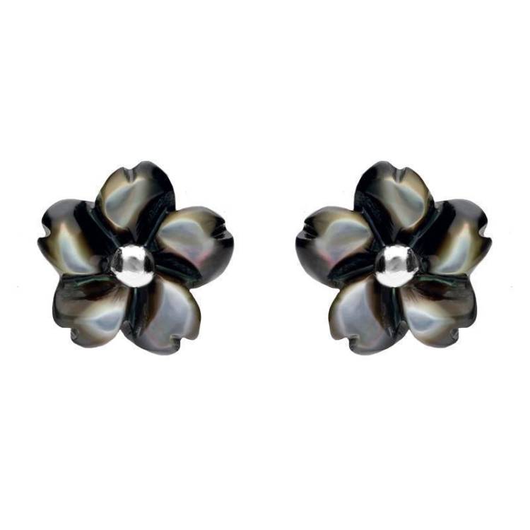 Sterling Silver Dark Mother of Pearl Tuberose 8mm Gypsophila Stud Earrings - Silver