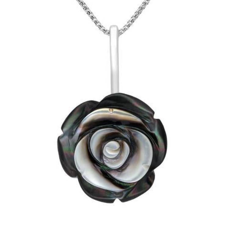 Sterling Silver Dark Mother of Pearl Tuberose 20mm Rose Necklace - Silver