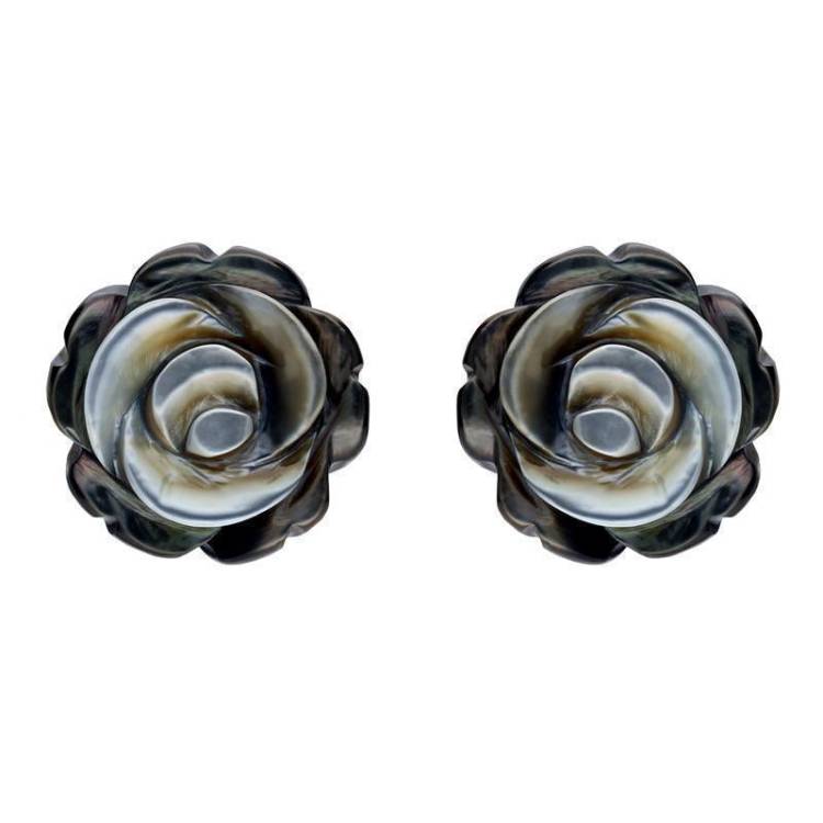 Sterling Silver Dark Mother of Pearl Tuberose 10mm Rose Stud Earrings - Silver