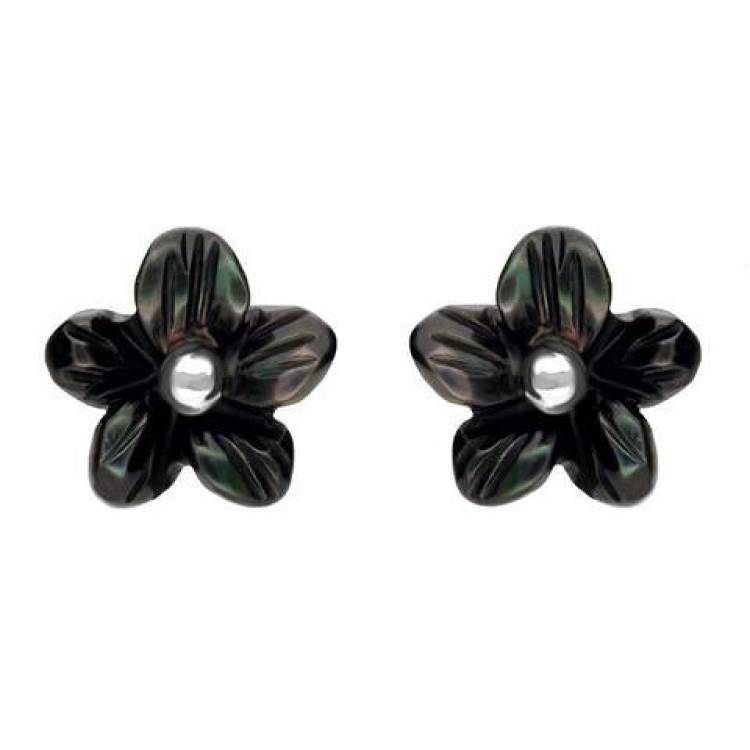Sterling Silver Dark Mother of Pearl Tuberose 8mm Pansy Stud Earrings - Silver