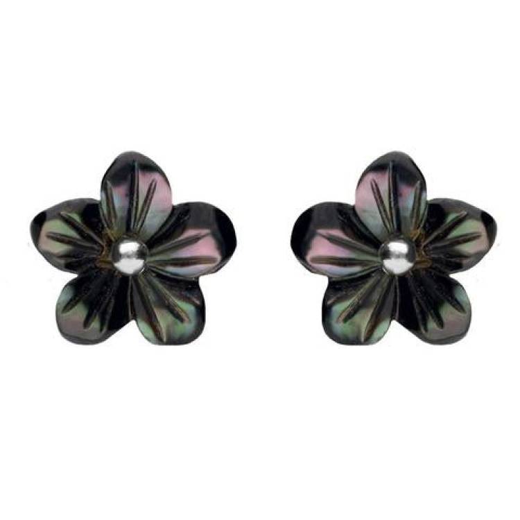 Sterling Silver Dark Mother of Pearl Tuberose 10mm Pansy Stud Earrings - Silver