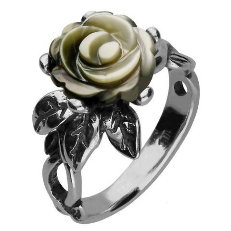 Sterling Silver Dark Mother of Pearl Tuberose 10mm Rose Leaf Twist Ring - Silver