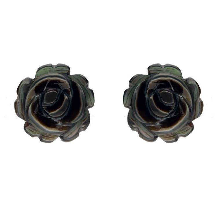 Sterling Silver Dark Mother of Pearl Tuberose 8mm Rose Stud Earrings - Silver