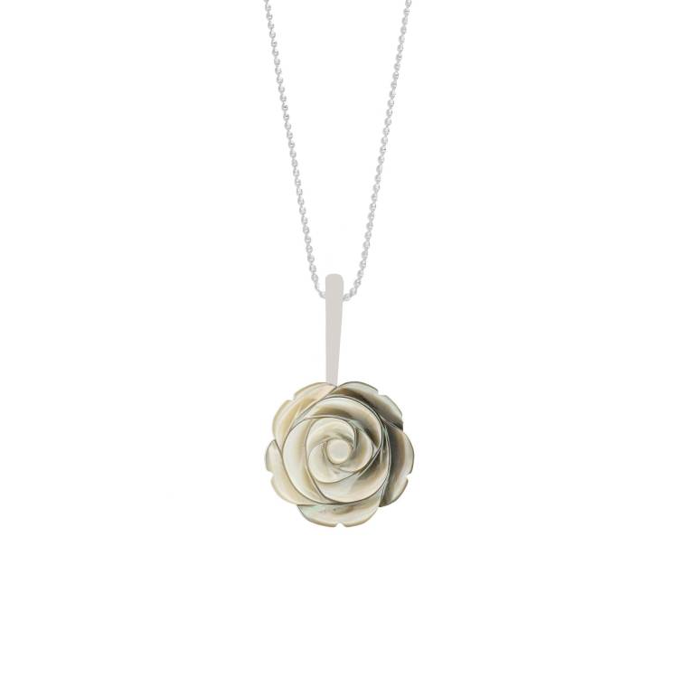 Sterling Silver Dark Mother of Pearl Tuberose 18mm Rose Necklace - Silver
