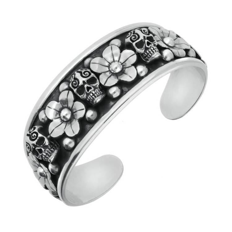 Sterling Silver Day Of The Dead Skull Flowers Cuff Bangle - Silver