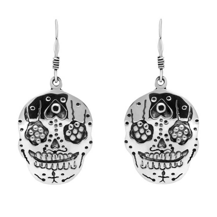 Sterling Silver Day of the Dead Skull Hook Earrings - Silver