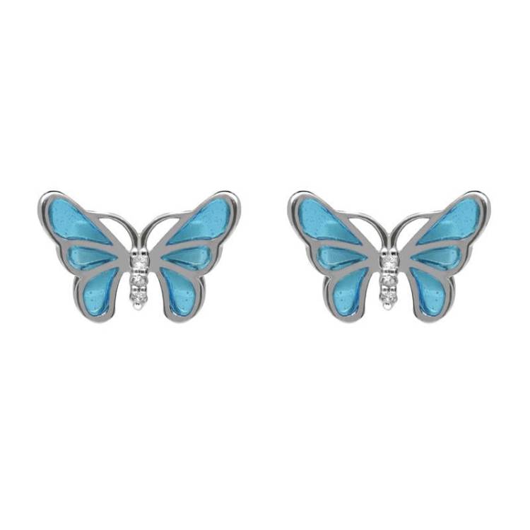Sterling Silver White Sapphire Blue Enamel House Style Butterfly Stud Earrings - Silver