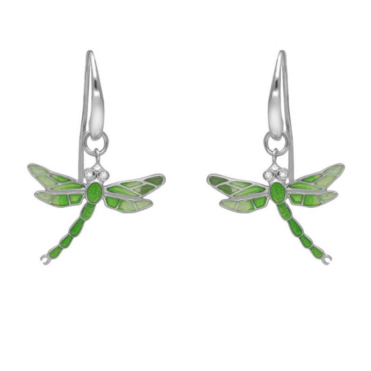 Sterling Silver Diamond Green Enamel House Style Dragonfly Drop Earrings - Silver
