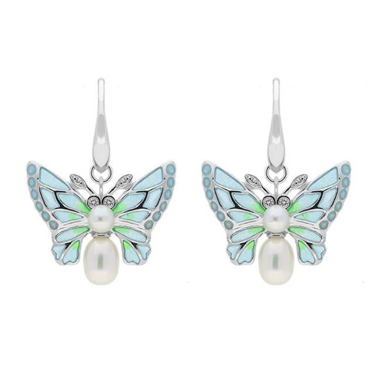 Sterling Silver Diamond Pearl Enamel House Style Butterfly Drop Earrings - Silver