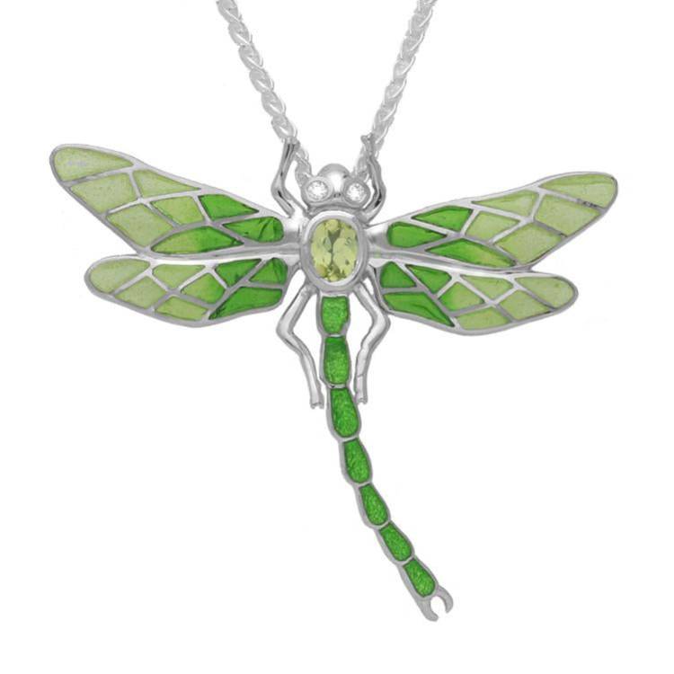 Sterling Silver Diamond Peridot Enamel House Style Dragonfly Necklace - Silver
