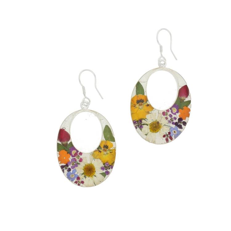 Sterling Silver Floral Bright Petal Double Oval Drop Earrings - Option1 Value Silver
