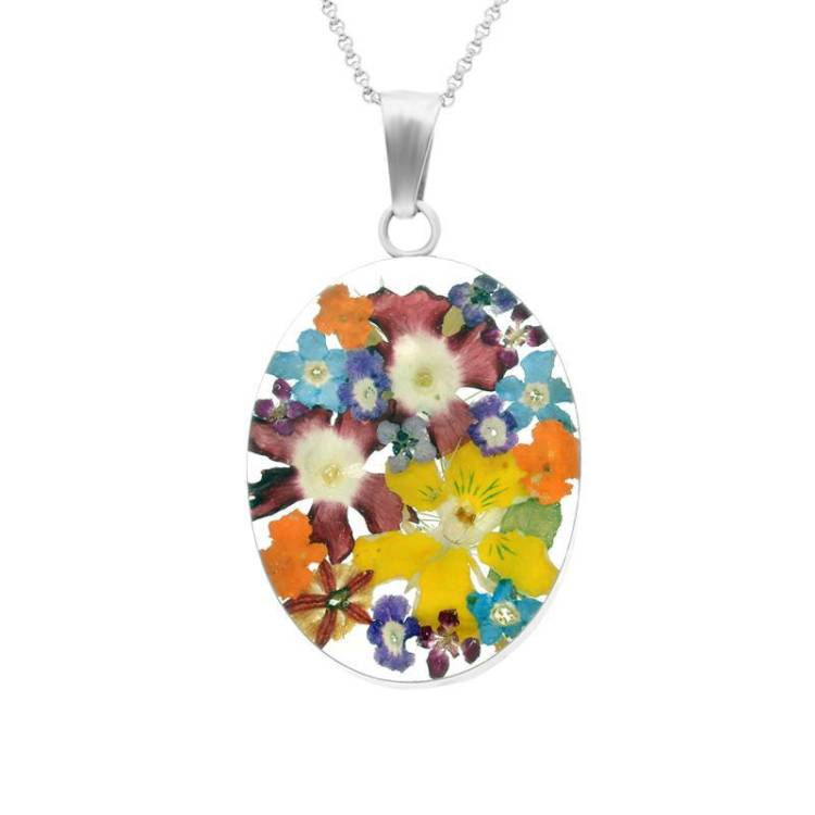 Sterling Silver Floral Bright Petal Large Oval Necklace - Option1 Value Silver