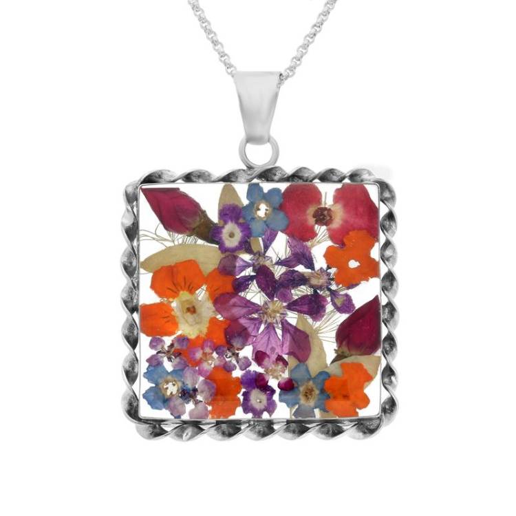 Sterling Silver Floral Bright Petal Large Square Necklace - Option1 Value Silver
