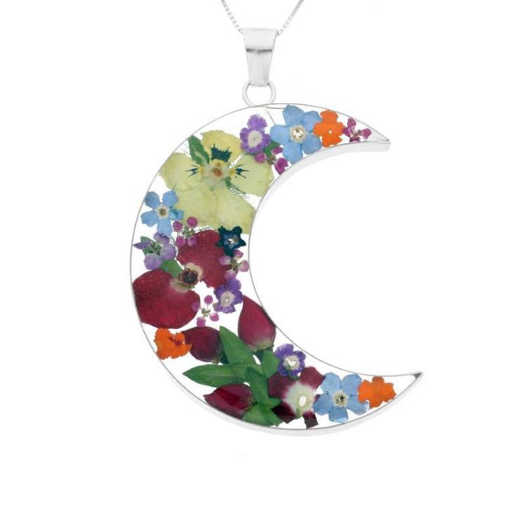 Sterling Silver Floral Mixed Petal Large Crescent Necklace - Option1 Value Silver