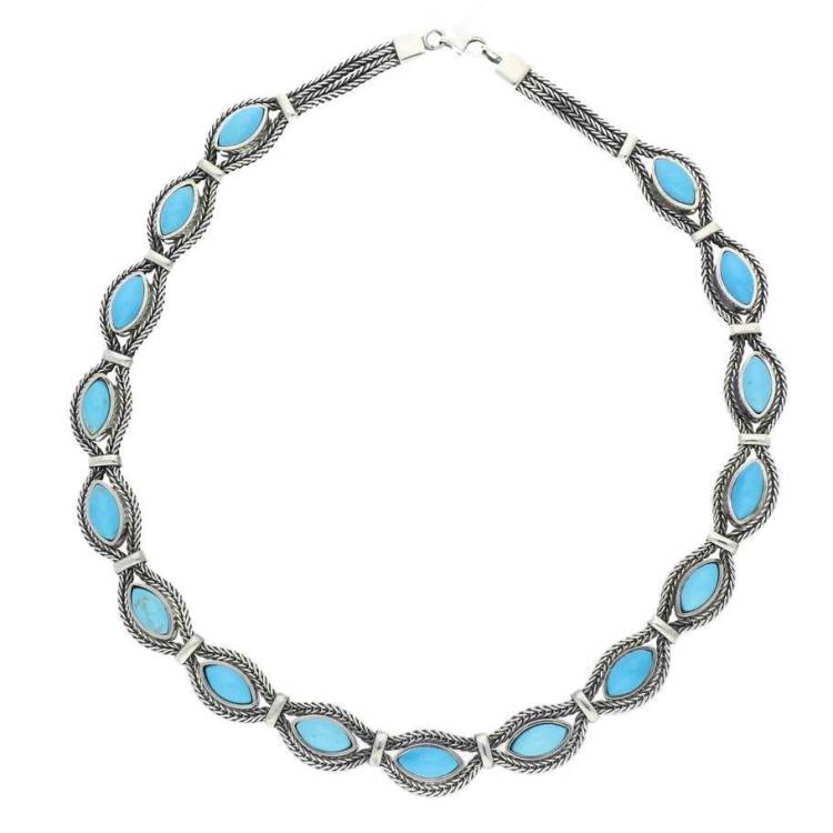 Sterling Silver Foxtail Turquoise Sixteen Stone Marquise Necklace - Silver