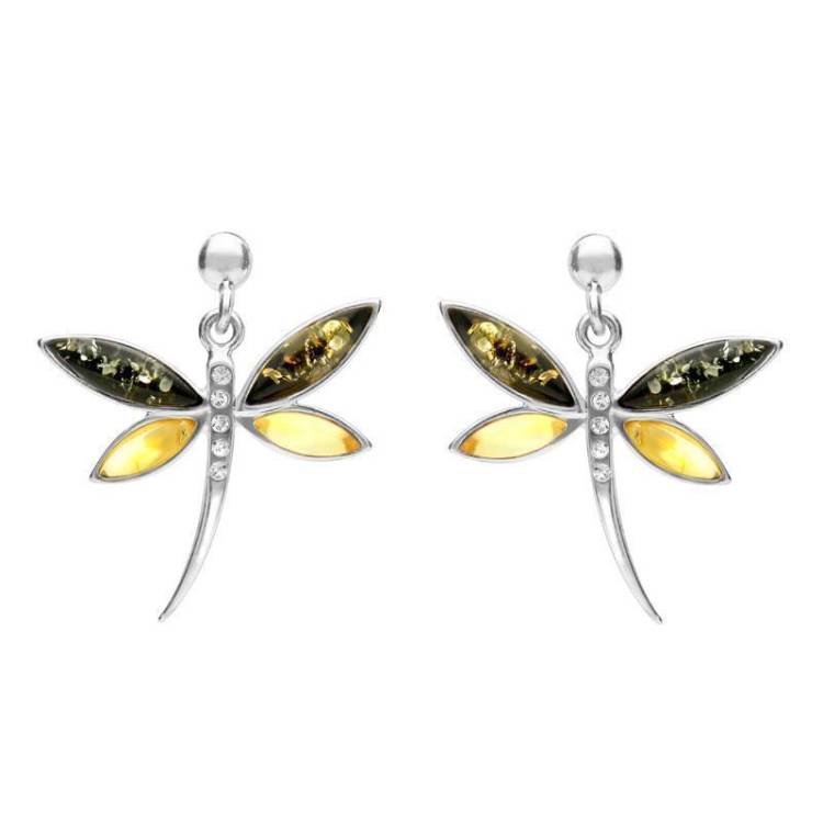 Sterling Silver Green Amber Cubic Zirconia Dragonfly Drop Earrings - Option1 Value Silver