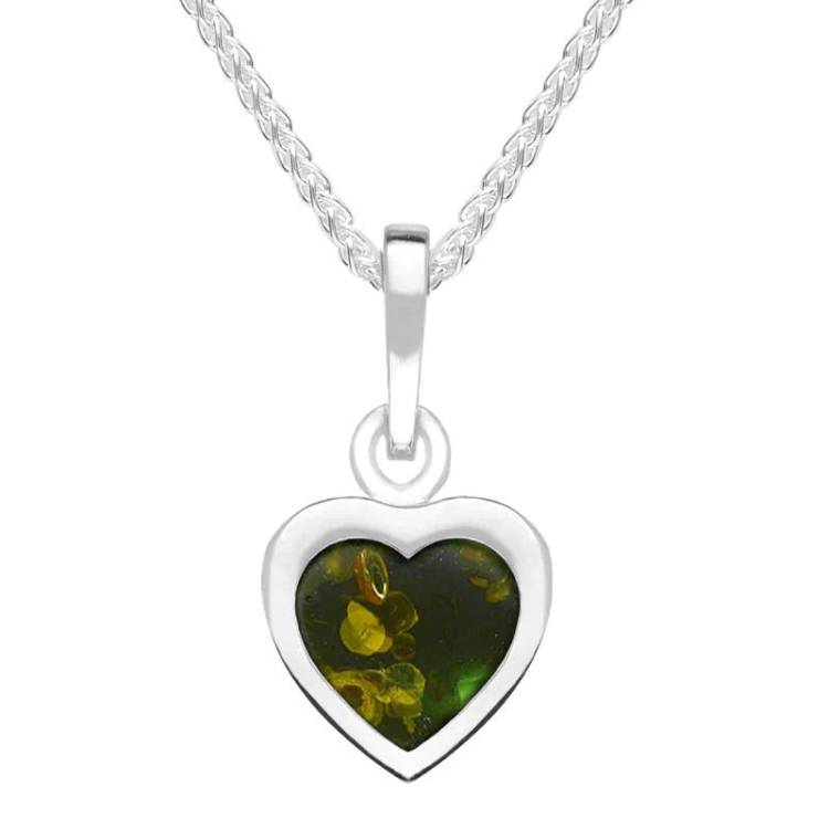 Sterling Silver Green Amber Heart Necklace - Silver