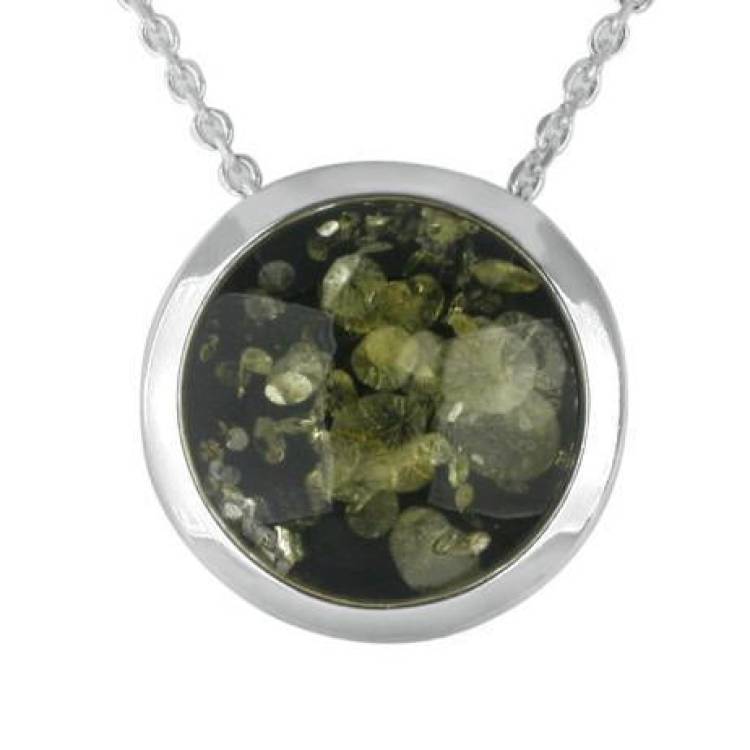 Sterling Silver Green Amber Round Framed Necklace - Silver