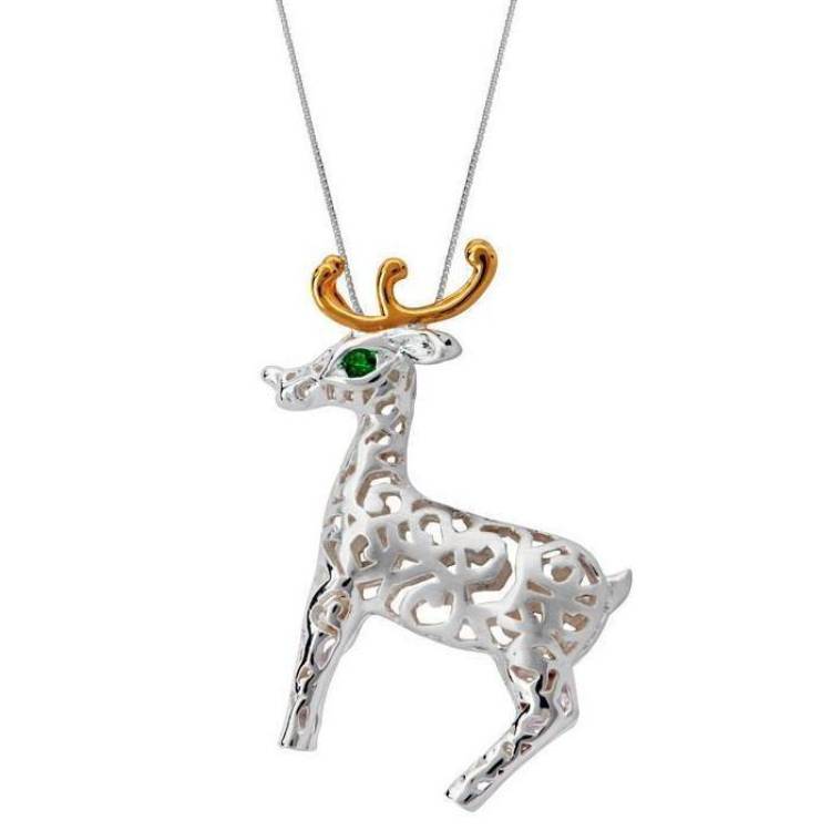 Sterling Silver Green Zirconia Large Reindeer Necklace - Option1 Value Yellow Gold