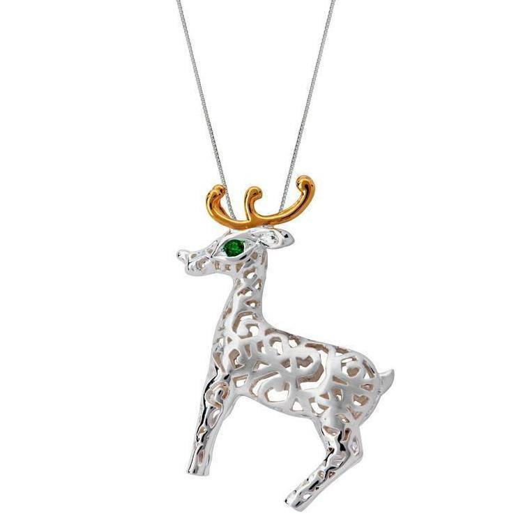 Sterling Silver Green Zirconia Small Reindeer Necklace - Option1 Value Yellow Gold