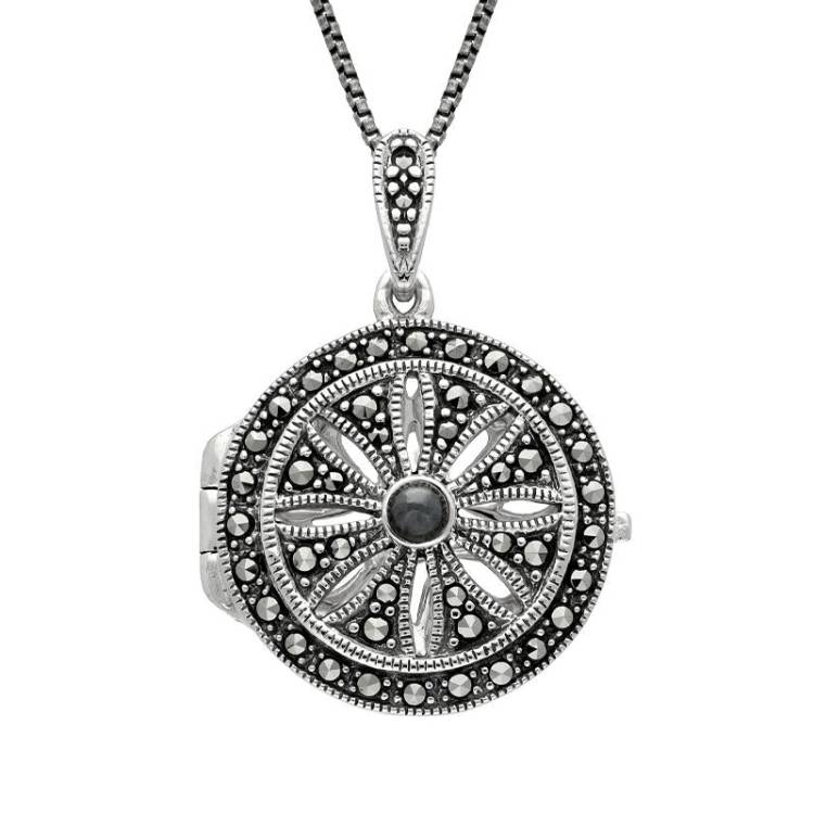 Sterling Silver Hematite Marcasite Arc Deco Circles Locket Necklace - Silver