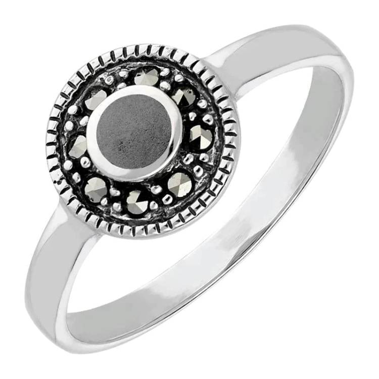 Sterling Silver Hematite Marcasite Beaded Edge Ring - Silver