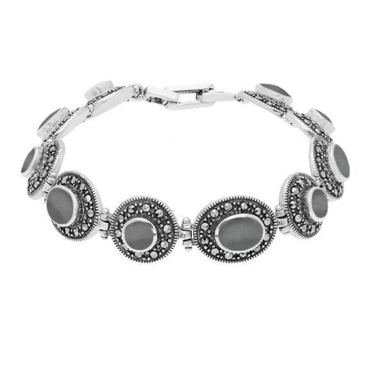 Sterling Silver Hematite Marcasite Oval Link Bracelet - Silver