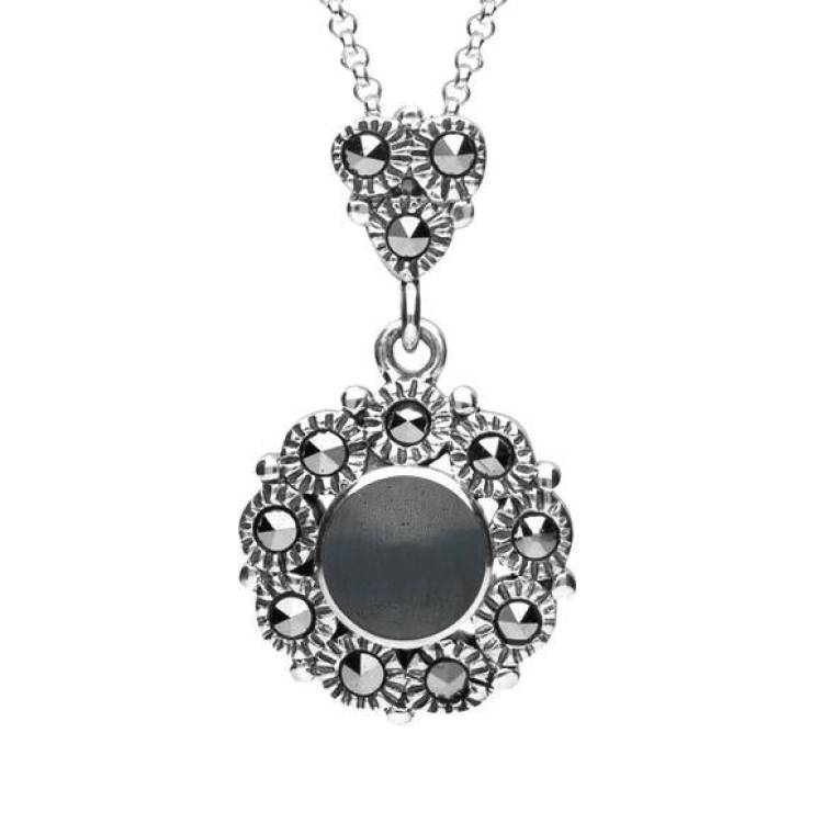 Sterling Silver Hematite Marcasite Round Beaded Drop Necklace - Silver