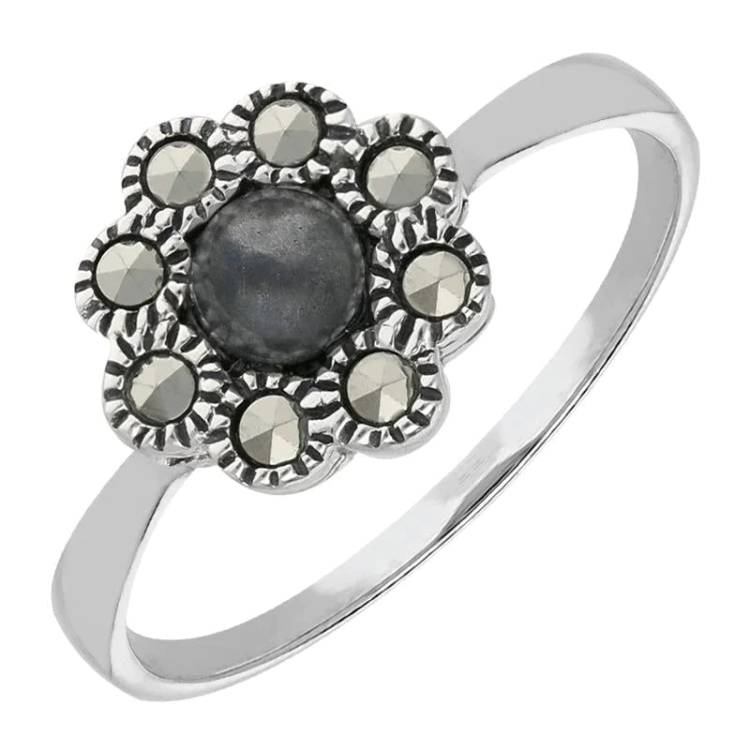 Sterling Silver Hematite Marcasite Round Beaded Edge Ring - Option1 Value Silver