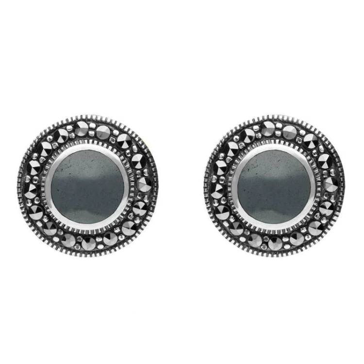 Sterling Silver Hematite Marcasite Round Beaded Edge Stud Earrings - Silver
